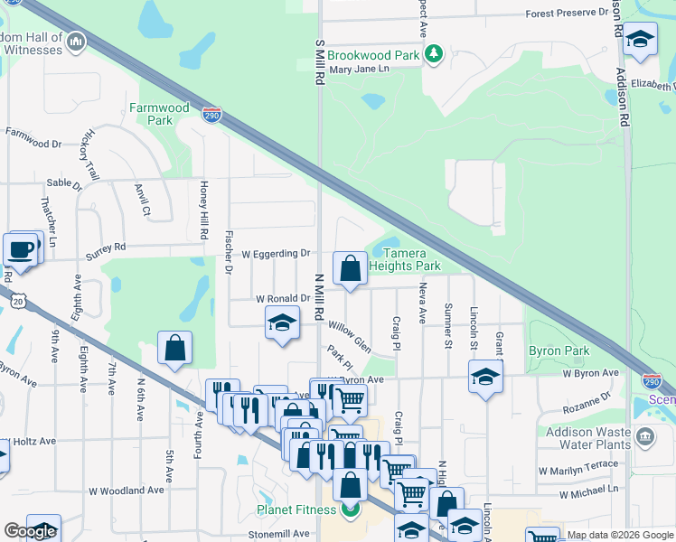 map of restaurants, bars, coffee shops, grocery stores, and more near 540 West Eggerding Drive in Addison