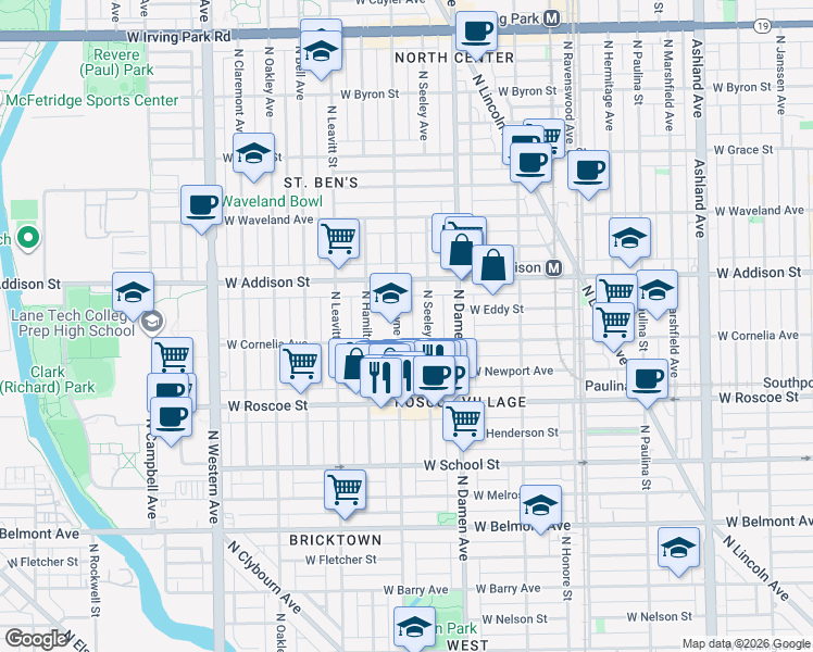 map of restaurants, bars, coffee shops, grocery stores, and more near 3528 North Hoyne Avenue in Chicago