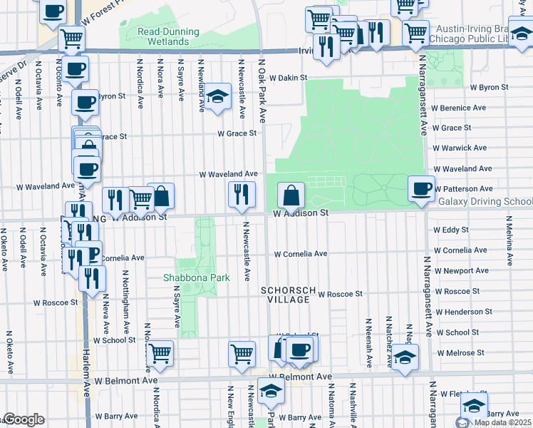 map of restaurants, bars, coffee shops, grocery stores, and more near W Addison St & N Oak Park Ave in Chicago