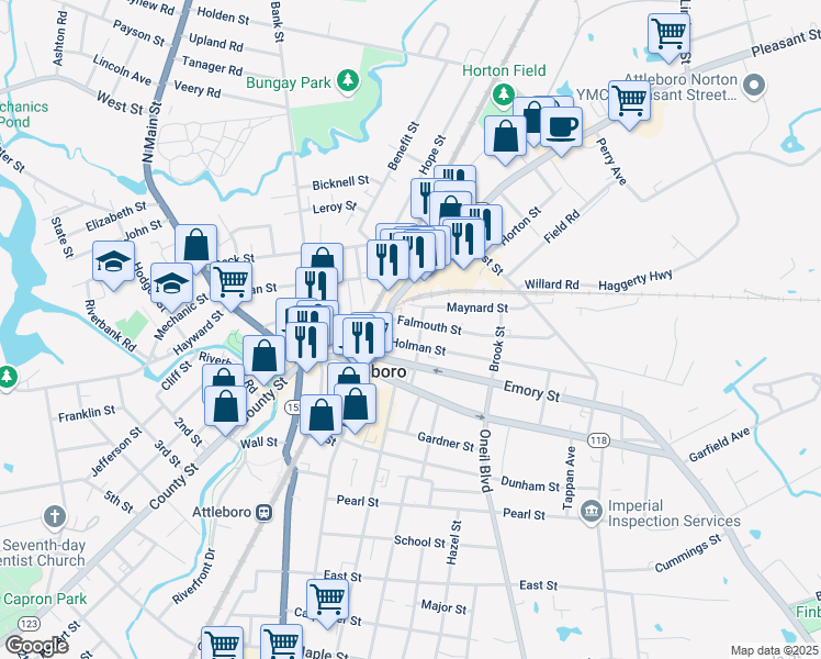 map of restaurants, bars, coffee shops, grocery stores, and more near 10 Falmouth Street in Attleboro