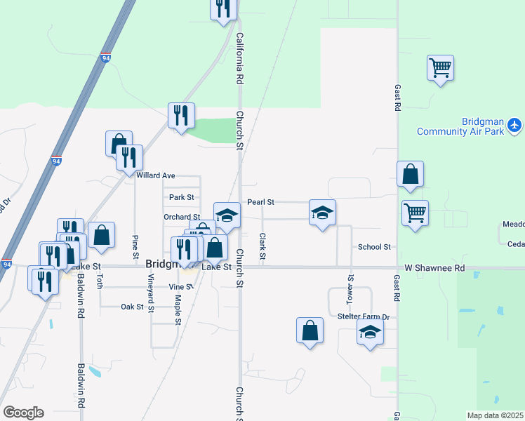 map of restaurants, bars, coffee shops, grocery stores, and more near 4047 Pearl Street in Bridgman