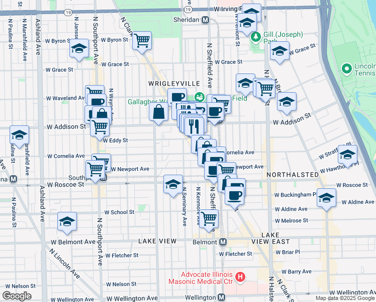 map of restaurants, bars, coffee shops, grocery stores, and more near 1100 West Cornelia Avenue in Chicago