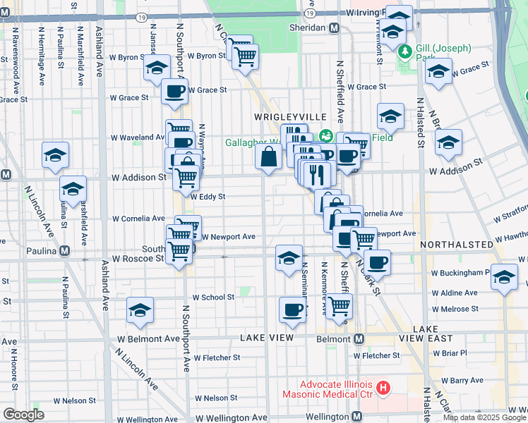 map of restaurants, bars, coffee shops, grocery stores, and more near 1169 West Eddy Street in Chicago