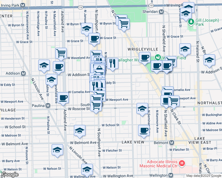map of restaurants, bars, coffee shops, grocery stores, and more near 3517 North Lakewood Avenue in Chicago