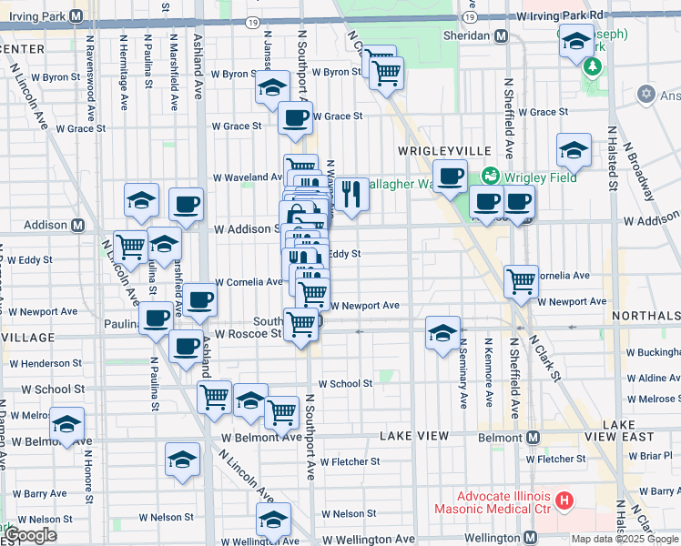 map of restaurants, bars, coffee shops, grocery stores, and more near 1333 West Eddy Street in Chicago
