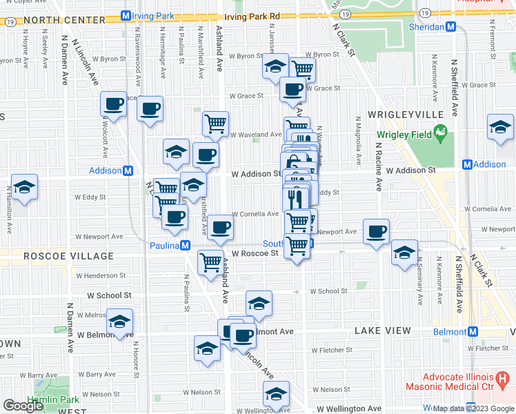 map of restaurants, bars, coffee shops, grocery stores, and more near 3525 North Greenview Avenue in Chicago