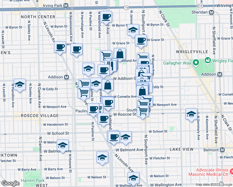 map of restaurants, bars, coffee shops, grocery stores, and more near 3527 North Bosworth Avenue in Chicago