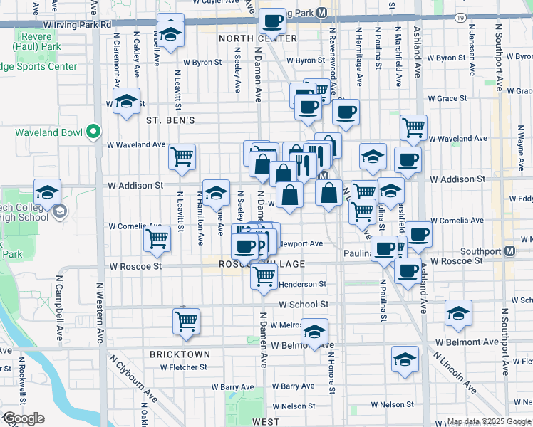 map of restaurants, bars, coffee shops, grocery stores, and more near 1942 West Eddy Street in Chicago