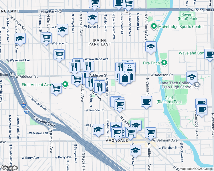 map of restaurants, bars, coffee shops, grocery stores, and more near 3520 North Sacramento Avenue in Chicago