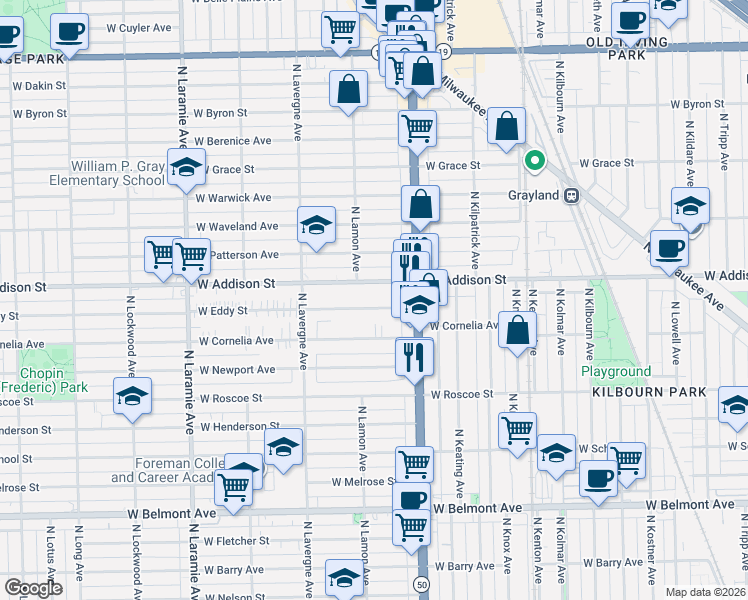 map of restaurants, bars, coffee shops, grocery stores, and more near 4839 West Addison Street in Chicago