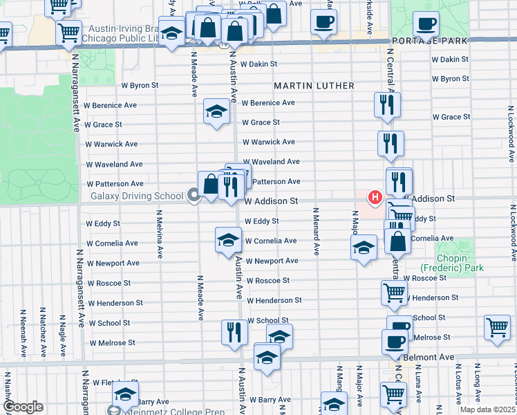 map of restaurants, bars, coffee shops, grocery stores, and more near 5934 West Addison Street in Chicago