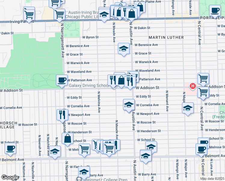 map of restaurants, bars, coffee shops, grocery stores, and more near 6124 West Addison Street in Chicago