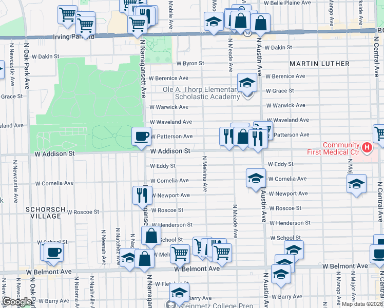 map of restaurants, bars, coffee shops, grocery stores, and more near 6240 West Addison Street in Chicago