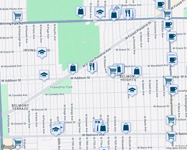 map of restaurants, bars, coffee shops, grocery stores, and more near 7719 West Patterson Avenue in Chicago