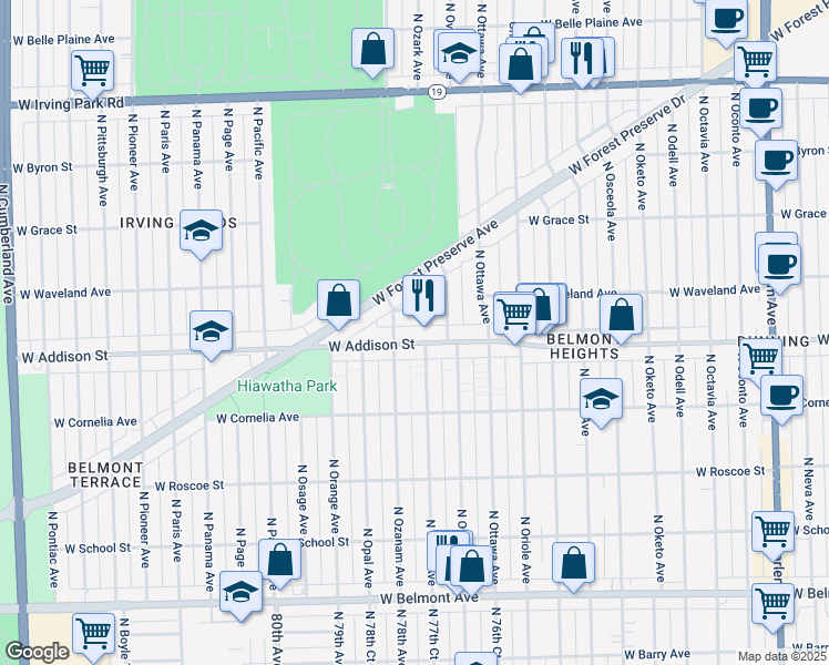 map of restaurants, bars, coffee shops, grocery stores, and more near 7719 West Patterson Avenue in Chicago