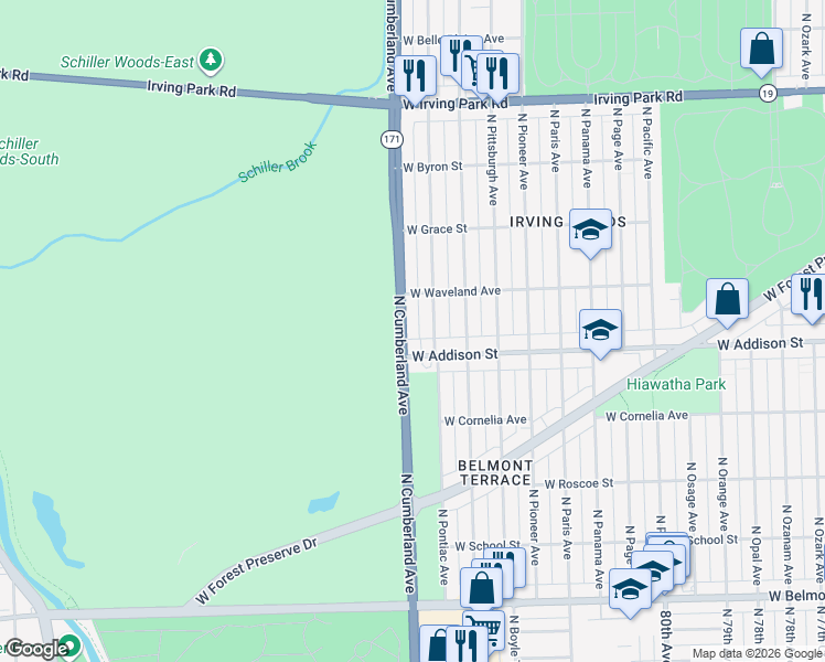 map of restaurants, bars, coffee shops, grocery stores, and more near 3638 North Pontiac Avenue in Chicago