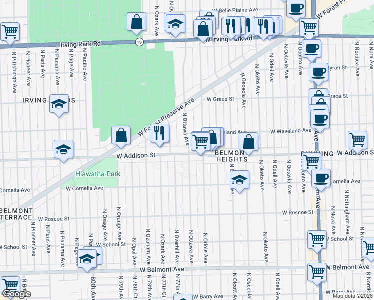 map of restaurants, bars, coffee shops, grocery stores, and more near 7634 West Addison Street in Chicago