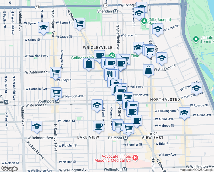 map of restaurants, bars, coffee shops, grocery stores, and more near 1054 West Cornelia Avenue in Chicago