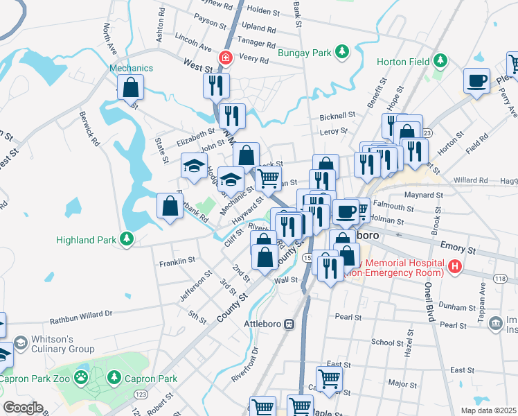 map of restaurants, bars, coffee shops, grocery stores, and more near 11 Hayward Street in Attleboro