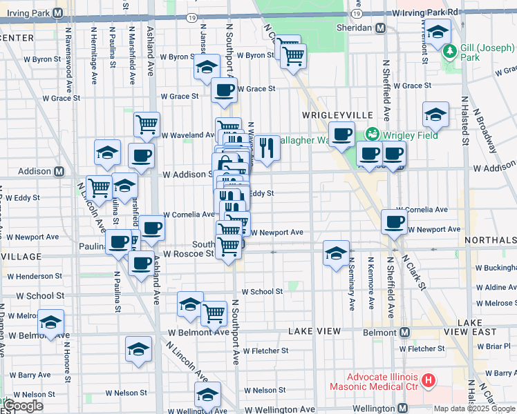 map of restaurants, bars, coffee shops, grocery stores, and more near 1333 West Eddy Street in Chicago