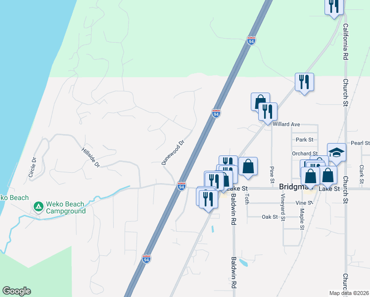 map of restaurants, bars, coffee shops, grocery stores, and more near 9555 Dunewood Drive in Bridgman
