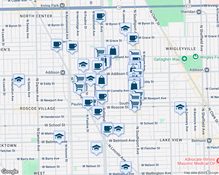 map of restaurants, bars, coffee shops, grocery stores, and more near 3527 North Bosworth Avenue in Chicago