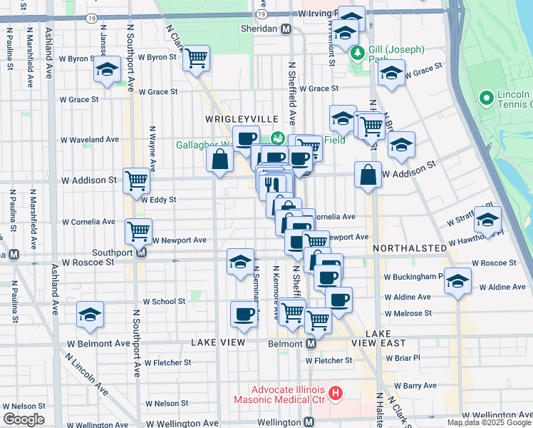 map of restaurants, bars, coffee shops, grocery stores, and more near 1054 West Cornelia Avenue in Chicago