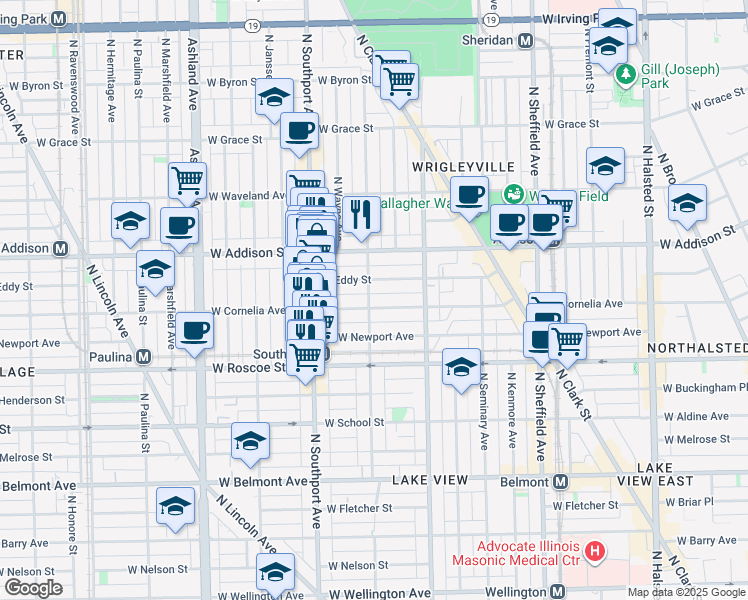 map of restaurants, bars, coffee shops, grocery stores, and more near 3517 North Lakewood Avenue in Chicago