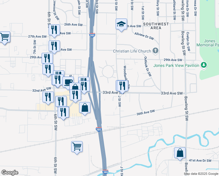 map of restaurants, bars, coffee shops, grocery stores, and more near 240 33rd Avenue Southwest in Cedar Rapids