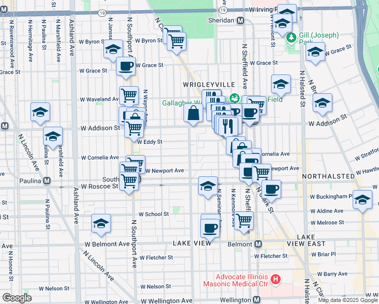 map of restaurants, bars, coffee shops, grocery stores, and more near 1169 West Eddy Street in Chicago