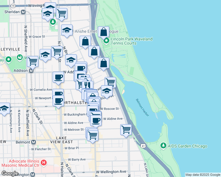 map of restaurants, bars, coffee shops, grocery stores, and more near 3470 North Lake Shore Drive in Chicago