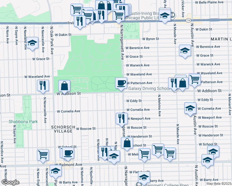 map of restaurants, bars, coffee shops, grocery stores, and more near 6421 West Addison Street in Chicago