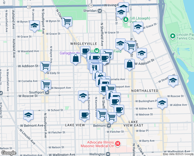 map of restaurants, bars, coffee shops, grocery stores, and more near 3517 North Clark Street in Chicago