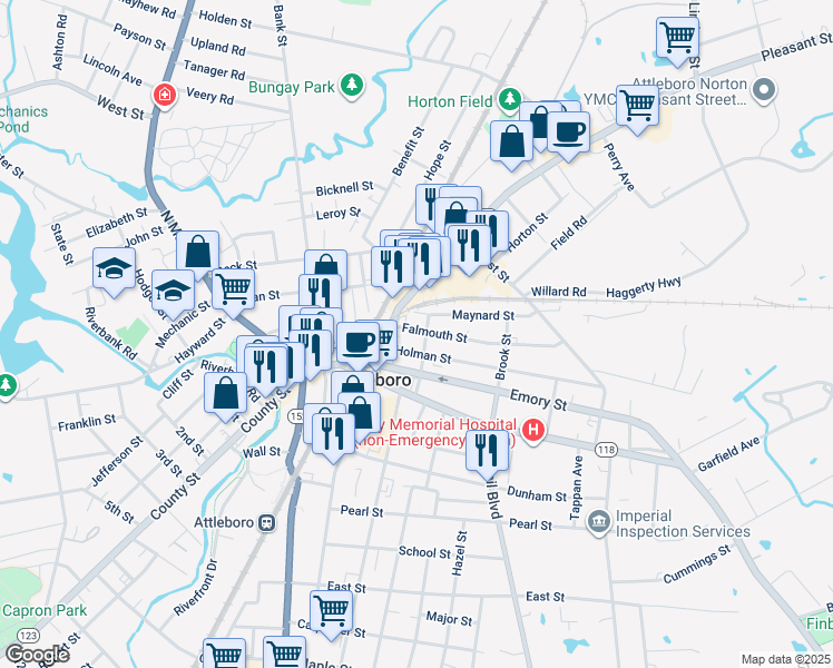 map of restaurants, bars, coffee shops, grocery stores, and more near 17 Falmouth Street in Attleboro