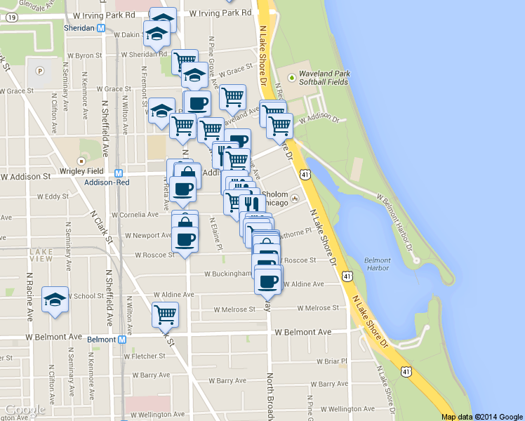 map of restaurants, bars, coffee shops, grocery stores, and more near 625 West Cornelia Avenue in Chicago