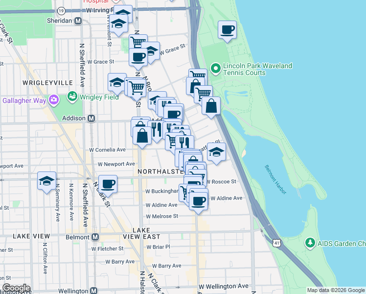 map of restaurants, bars, coffee shops, grocery stores, and more near 625 West Cornelia Avenue in Chicago