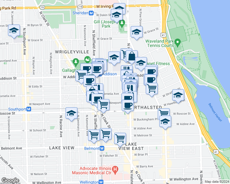 map of restaurants, bars, coffee shops, grocery stores, and more near 3516 North Reta Avenue in Chicago