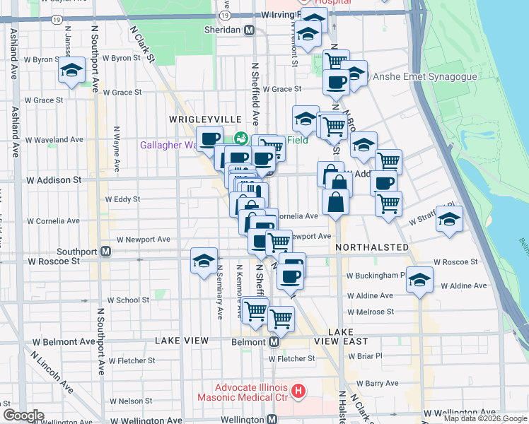 map of restaurants, bars, coffee shops, grocery stores, and more near 3519 North Sheffield Avenue in Chicago