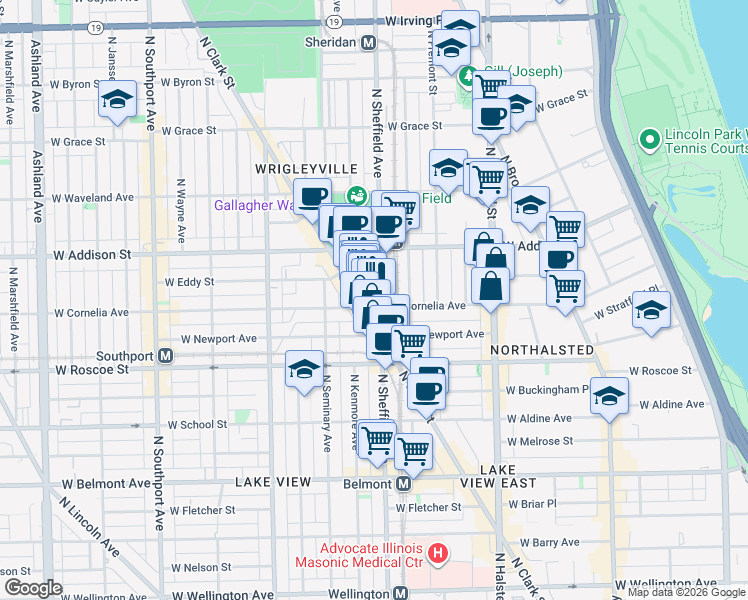 map of restaurants, bars, coffee shops, grocery stores, and more near 3519 North Sheffield Avenue in Chicago