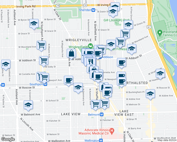 map of restaurants, bars, coffee shops, grocery stores, and more near 3517 North Clark Street in Chicago