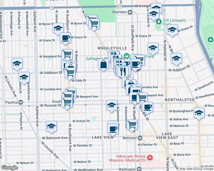 map of restaurants, bars, coffee shops, grocery stores, and more near 1169 West Eddy Street in Chicago