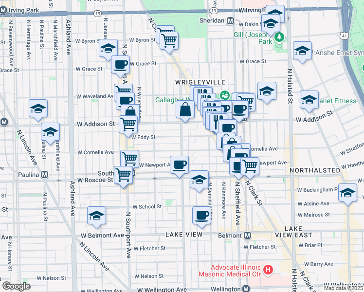 map of restaurants, bars, coffee shops, grocery stores, and more near 1169 West Eddy Street in Chicago