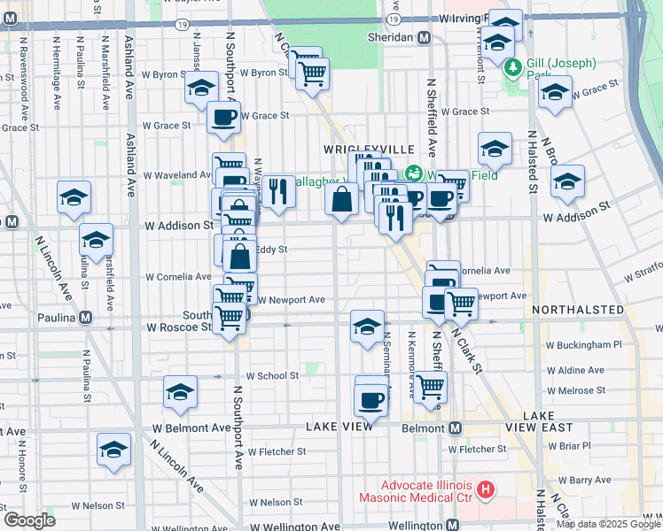 map of restaurants, bars, coffee shops, grocery stores, and more near 1217 West Eddy Street in Chicago