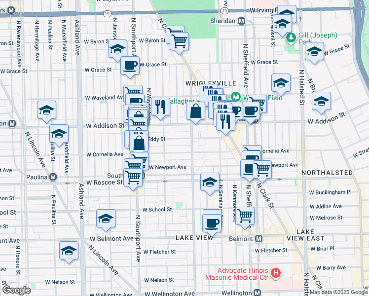 map of restaurants, bars, coffee shops, grocery stores, and more near 1217 West Eddy Street in Chicago