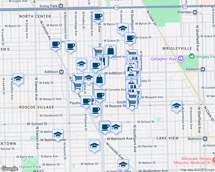 map of restaurants, bars, coffee shops, grocery stores, and more near 3527 North Bosworth Avenue in Chicago