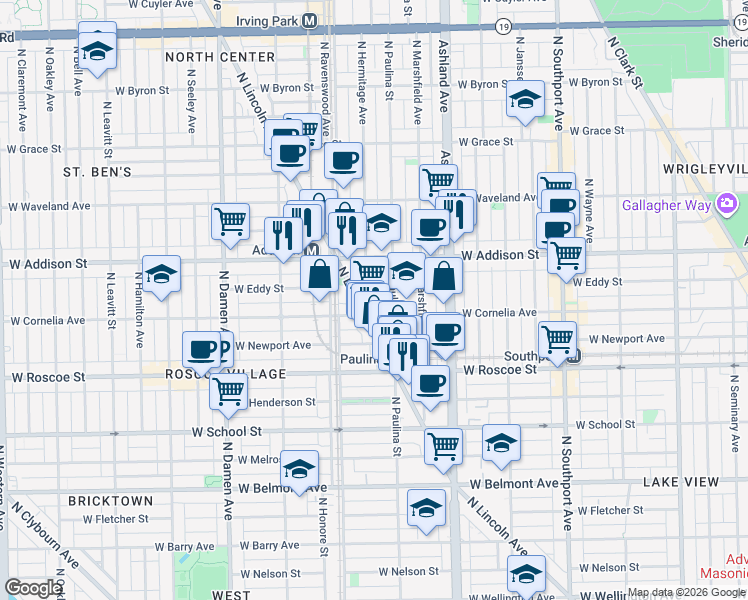 map of restaurants, bars, coffee shops, grocery stores, and more near 3531 North Hermitage Avenue in Chicago