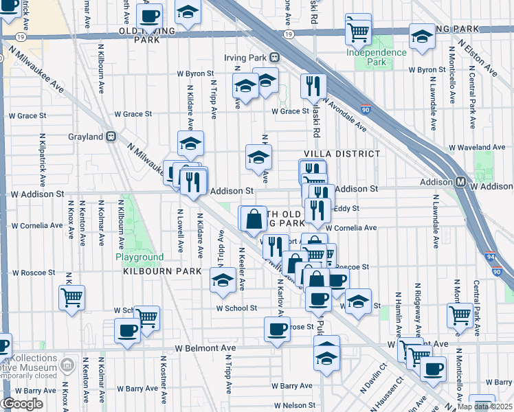 map of restaurants, bars, coffee shops, grocery stores, and more near 4133 West Addison Street in Chicago