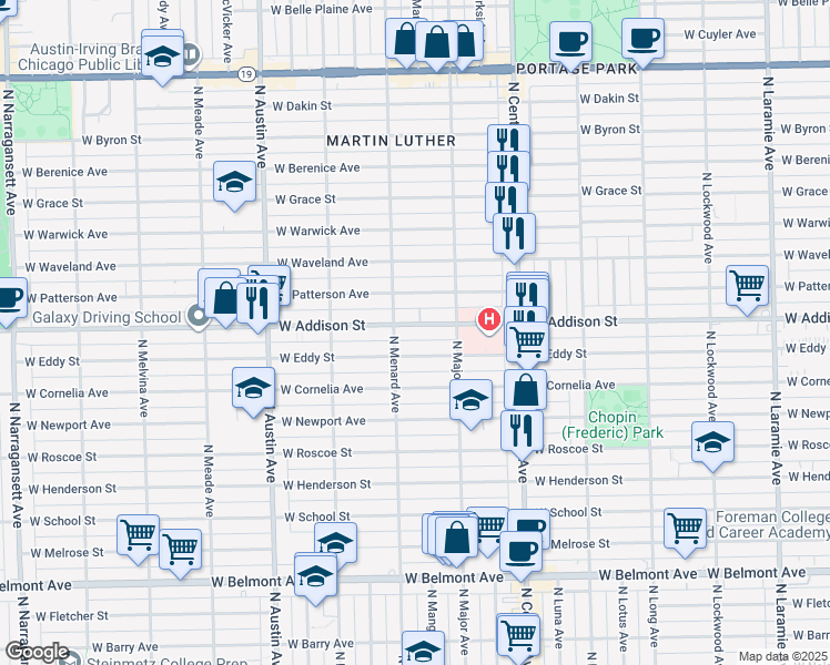 map of restaurants, bars, coffee shops, grocery stores, and more near 5744 West Addison Street in Chicago