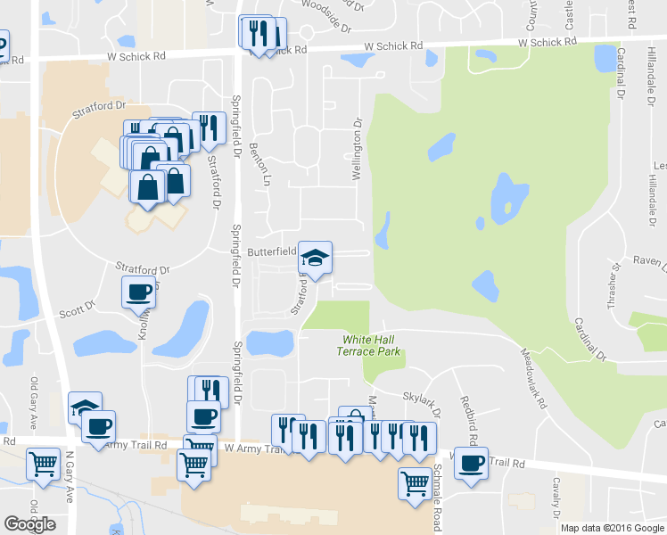map of restaurants, bars, coffee shops, grocery stores, and more near Glengarry Drive in Bloomingdale