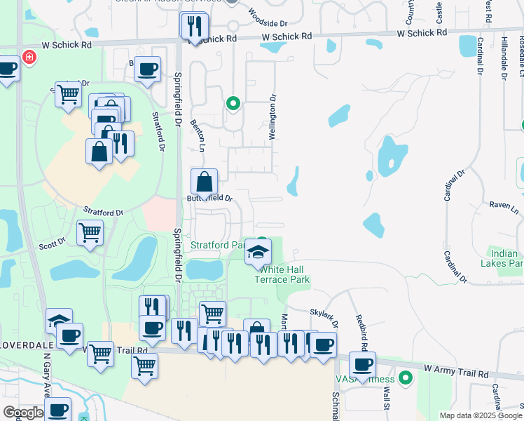 map of restaurants, bars, coffee shops, grocery stores, and more near 105 Glengarry Drive in Bloomingdale